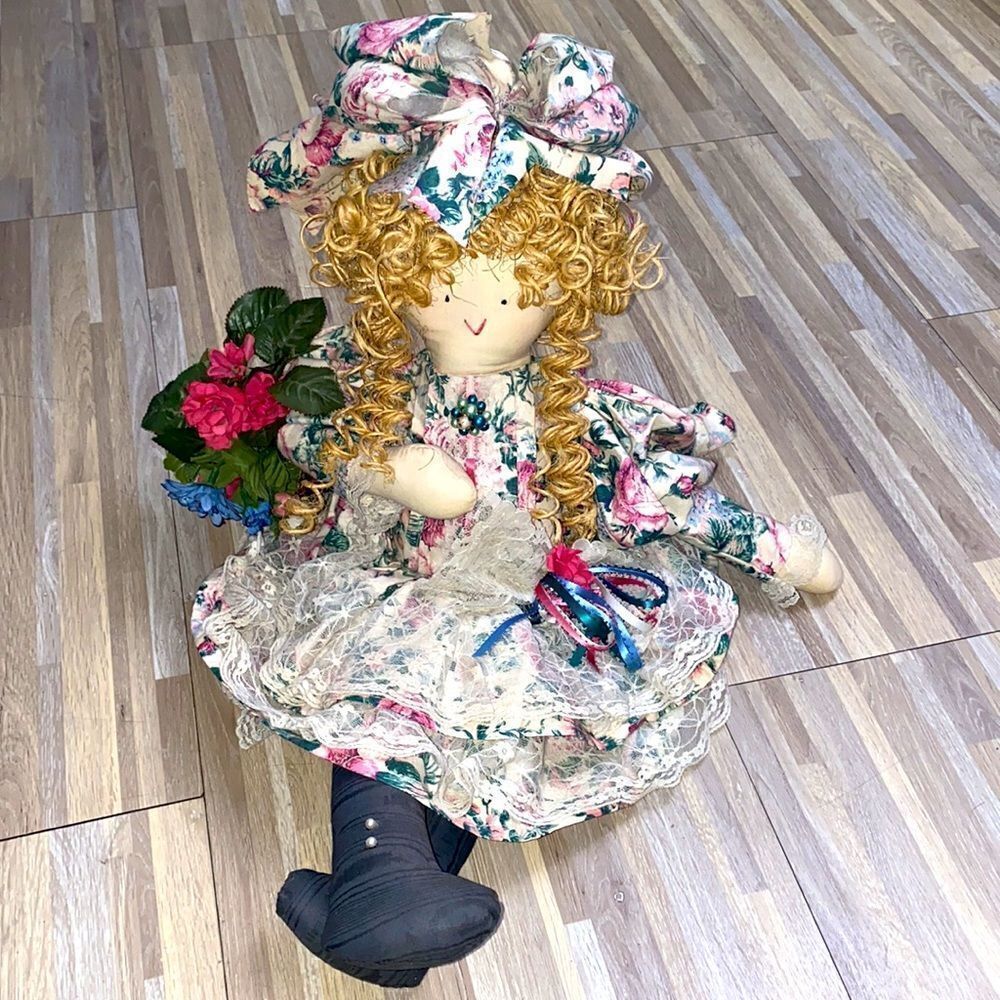 Vintage farmhouse Country Style home decor Stuffed Doll Dress Bows rag doll